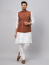Vastramay Men's Coffee Matka Silk Nehru Jacket With White Silk Blend Kurta Pyjama Set